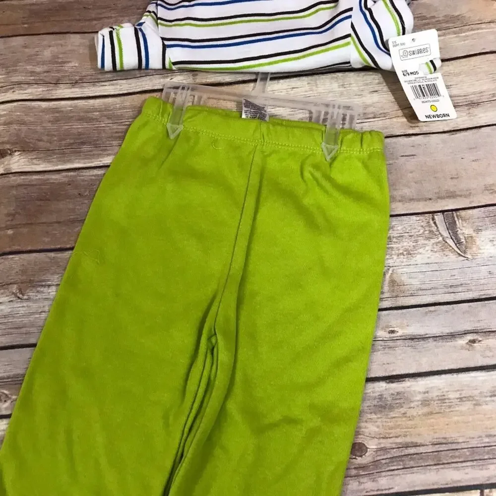 Swiggles Boys Outfit Size 6-9 Mo Monkey 3‎ Piece Set Bib Green Blue Brown NEW